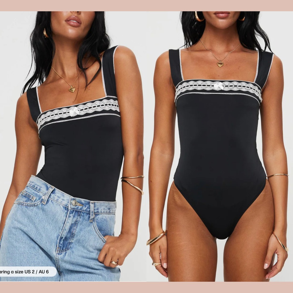 NWD $49 Princess Polly‎ [ 4 US ] Square Neck Lace Keating Bodysuit Black #6996